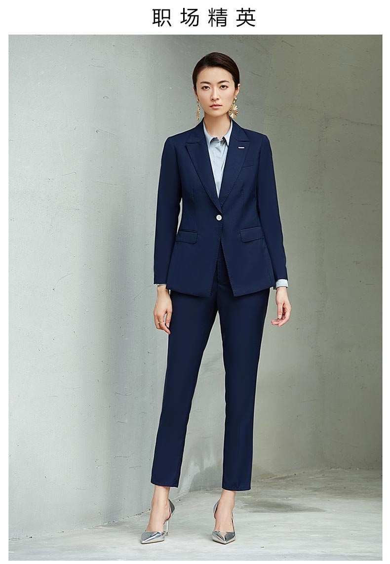 女款藍色單扣職業(yè)西裝定做款式圖